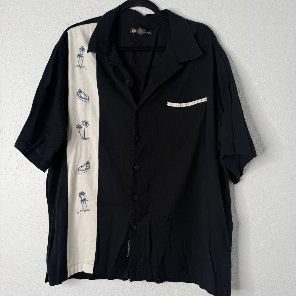 Duke Kahanamoku Mens XXL Black Embroidered Palm‎ Tree Bamboo Blend Camp Shirt